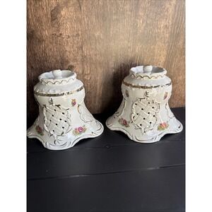 2-Vintage Porcelain Lampshade‎ Victorian Style Bell With Roses And Gold Accents